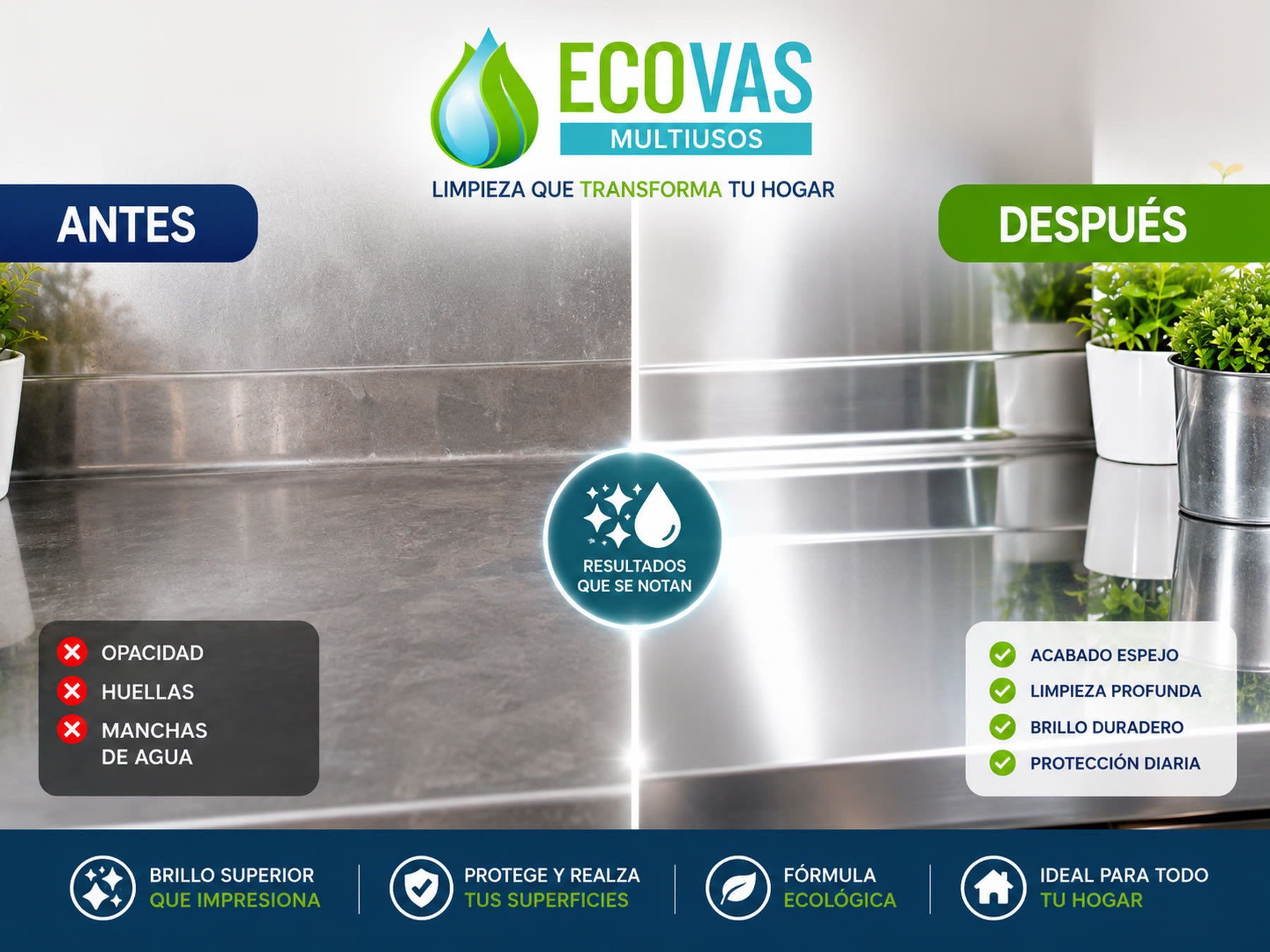 ECOVAS Multiusos antes y después en superficies de acero