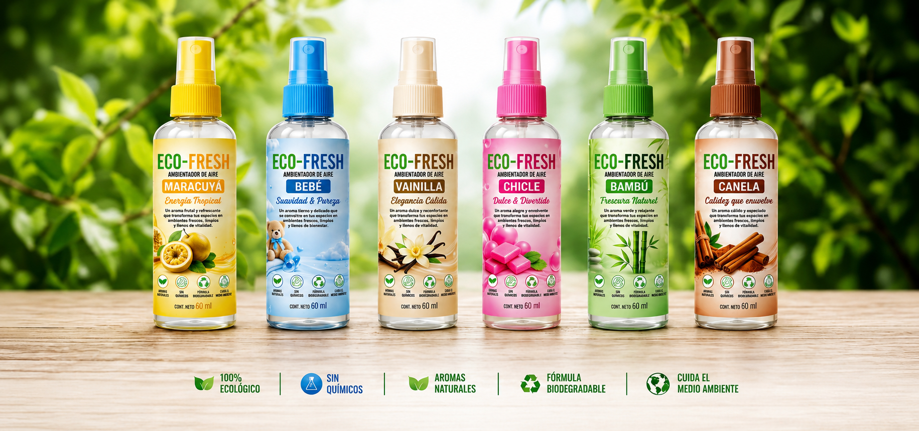 EcoFresh Ambientadores — Maracuyá, Bebé, Vainilla, Chicle, Bambú y Canela