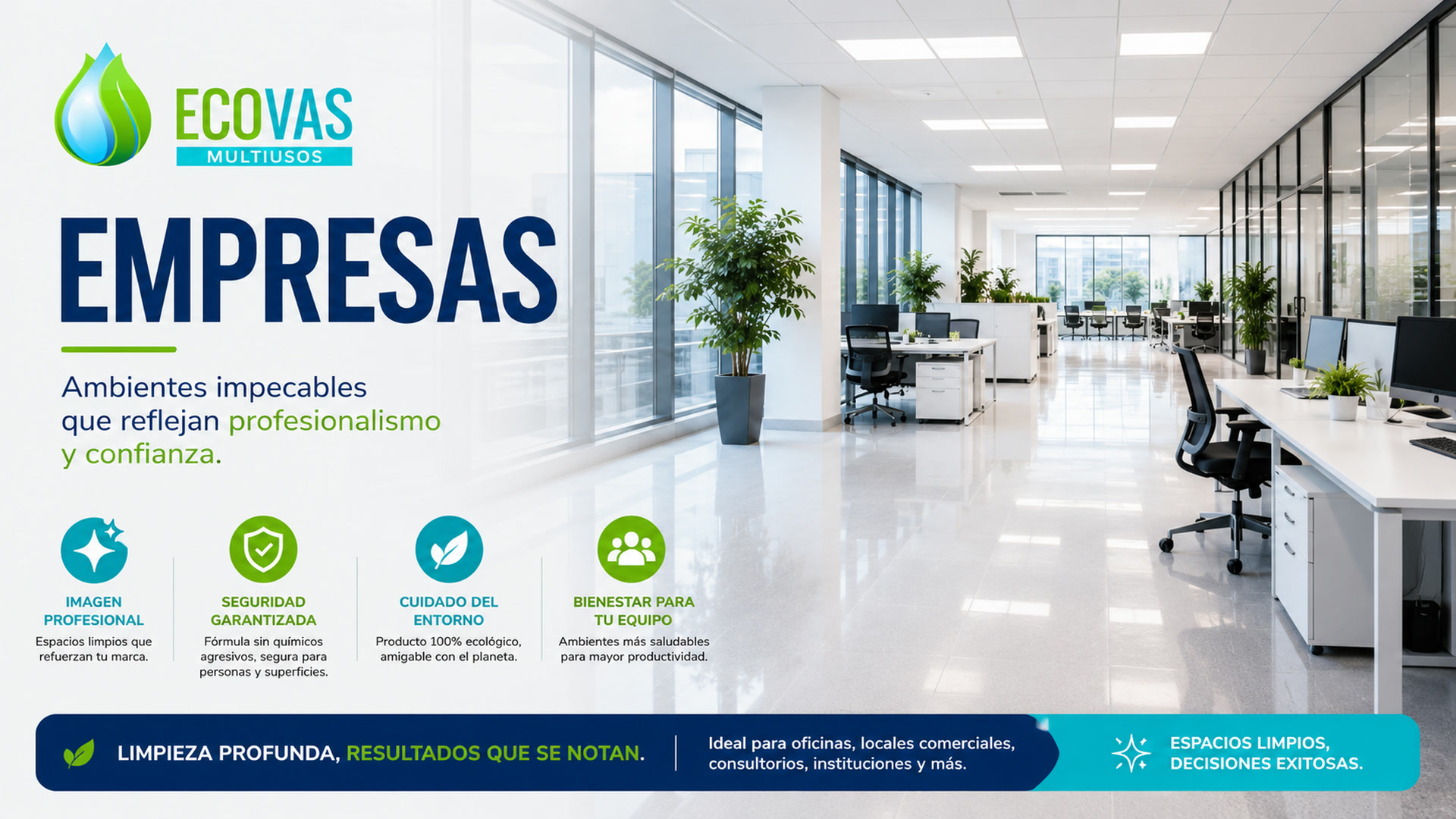 ECOVAS Empresas: ambientes impecables que reflejan profesionalismo y confianza, ideal para oficinas, locales comerciales, consultorios e instituciones