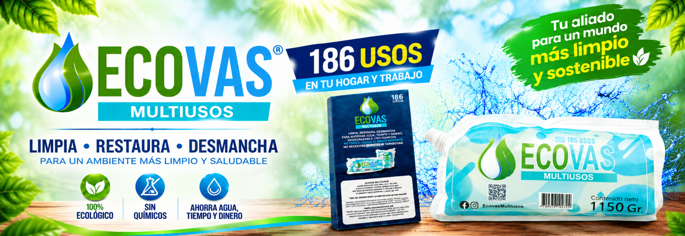 ECOVAS Multiusos 1.150 Gr — 186 usos, limpia, restaura y desmancha, para un ambiente más limpio y saludable