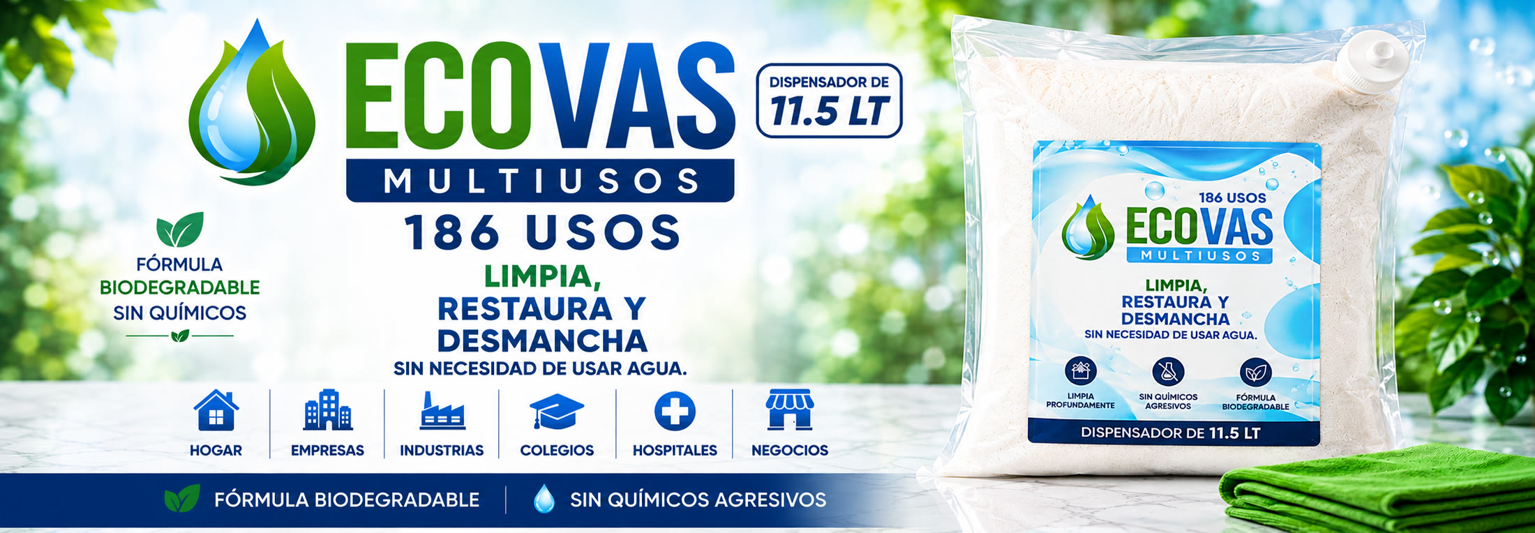 ECOVAS Multiusos Dispensador 11.5 Lt — 186 usos, limpia, restaura y desmancha sin necesidad de usar agua