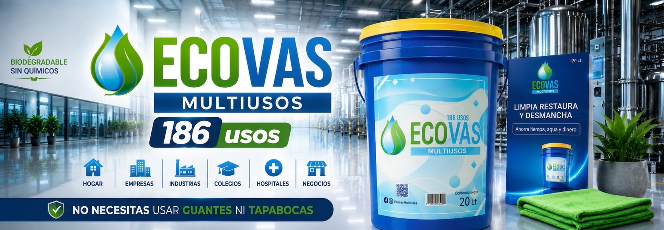 ECOVAS Multiusos 20 Lt — 186 usos, biodegradable, sin químicos, para hogar, empresas, industrias, colegios, hospitales y negocios